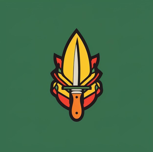 Un dibujo de una espada con un diseño rojo y amarillo en la parte superior.