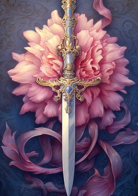 un dibujo de una espada con una flor rosa en el lado izquierdo