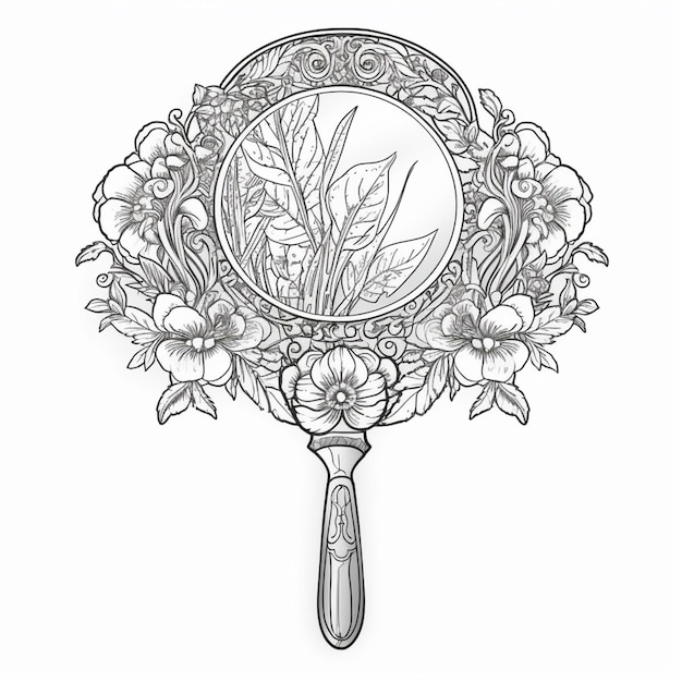 un dibujo de un espejo con flores y hojas en él ai generativo