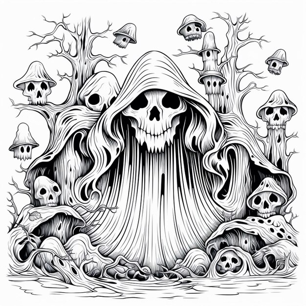 un dibujo de un esqueleto con una capucha y una larga túnica rodeado de cráneos generativo ai