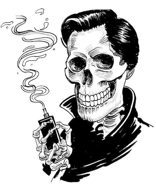 Un dibujo de un esqueleto fumando un cigarrillo.
