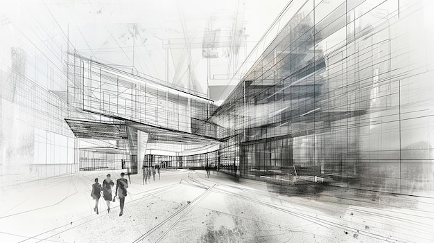 un dibujo de una estación de tren con personas caminando