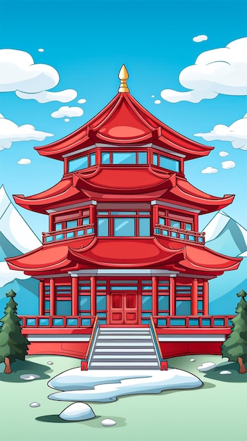 Foto dibujo de estilo de color plano paisaje de aldea japonesa