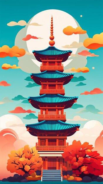 dibujo de estilo de color plano paisaje de aldea japonesa