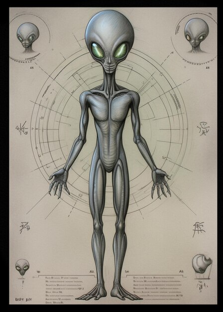 Un dibujo de un extraterrestre con ojos verdes y fondo blanco.