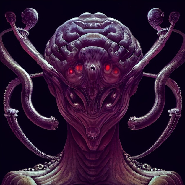 Un dibujo de un extraterrestre con tres tentáculos y un gran ojo rojo.