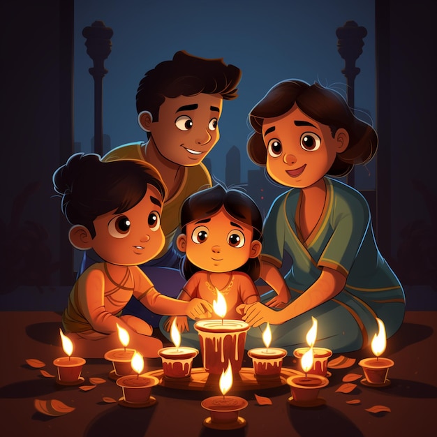 Foto dibujo de familia encendiendo velas para diwali