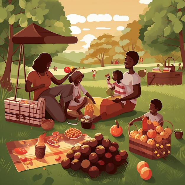 Un dibujo de una familia haciendo un picnic en un parque.