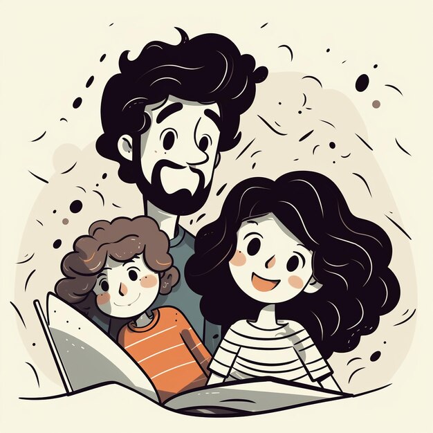 Foto un dibujo de una familia leyendo un libro con un hombre y una mujer leyendo un libro