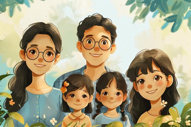 un dibujo de una familia con una mujer y un niño con gafas