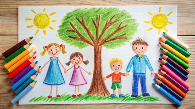 un dibujo de una familia con niños y un árbol