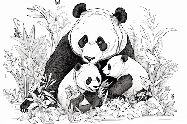 Un dibujo de una familia de pandas con pandas.