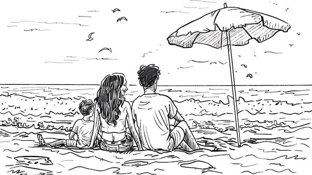 un dibujo de una familia en la playa con un paraguas