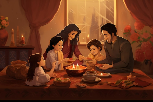 Dibujo de una familia sentada y comiendo celebrando la noche de Yalda