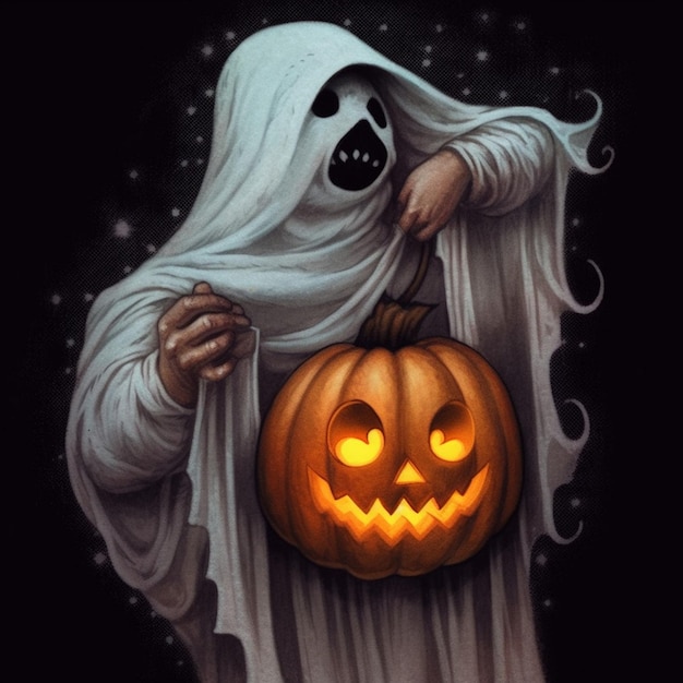 Un dibujo de un fantasma con una calabaza en él.