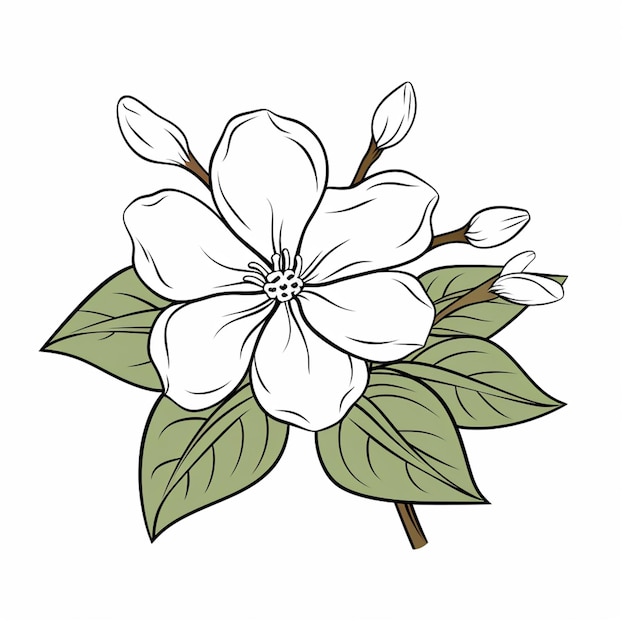 Un dibujo de una flor blanca con hojas verdes en un fondo blanco generativo ai