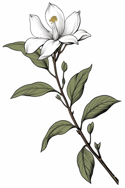 Un dibujo de una flor blanca con hojas verdes en un tallo generativo ai