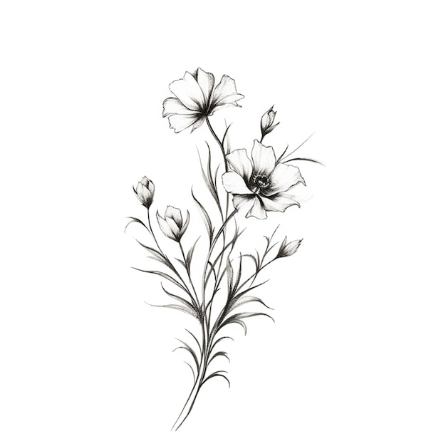 Un dibujo de una flor con hojas en un fondo blanco