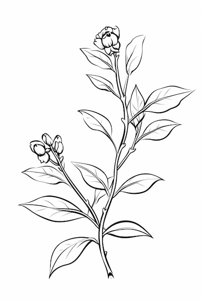 un dibujo de una flor con hojas sobre un fondo blanco ai generativo
