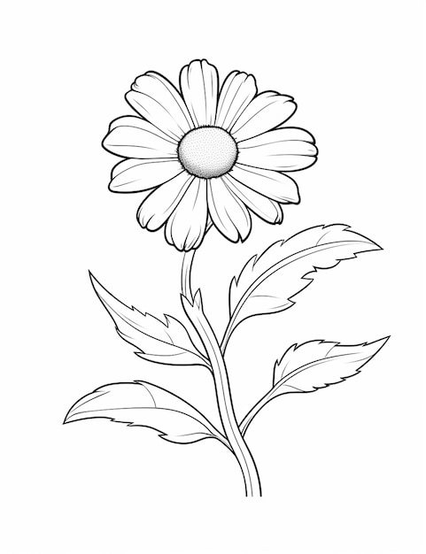 un dibujo de una flor de margarita con hojas sobre un fondo blanco ai generativo