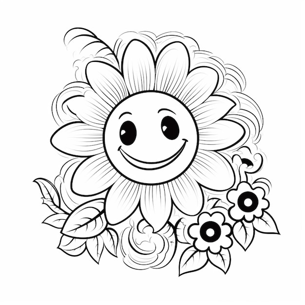 un dibujo de una flor sonriente con hojas y flores a su alrededor ai generativo