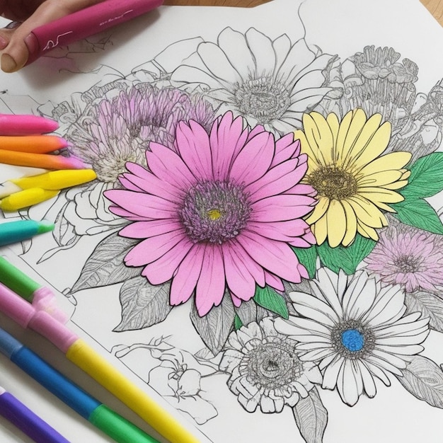 Foto un dibujo de flores con una flor púrpura en él