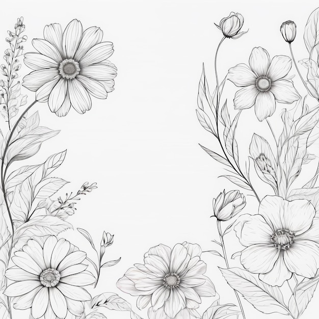 Dibujo de flores y hojas en un fondo blanco IA generativa