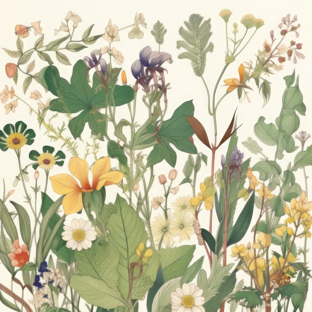 Un dibujo de flores y hojas con las palabras "flores silvestres" en la parte inferior.