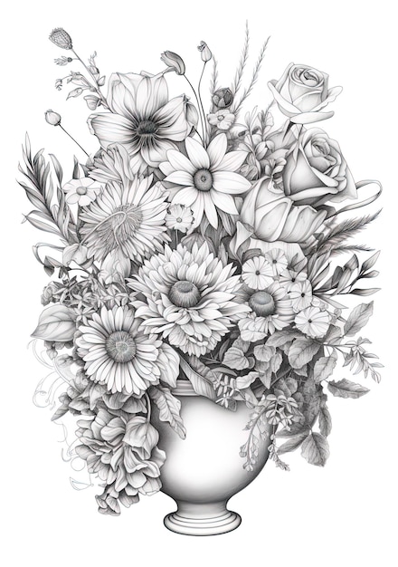 un dibujo de flores con una imagen de flores en un jarrón.