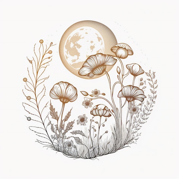 Un dibujo de flores y la luna está sobre un fondo blanco.