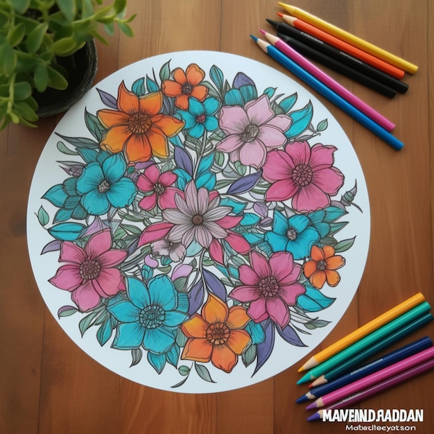 Un dibujo de flores y una maceta de flores.