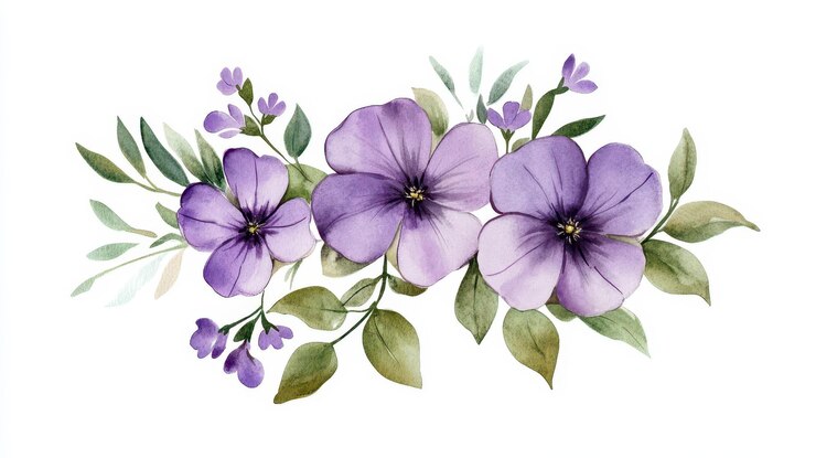 un dibujo de flores púrpuras con hojas verdes y hojas verdes