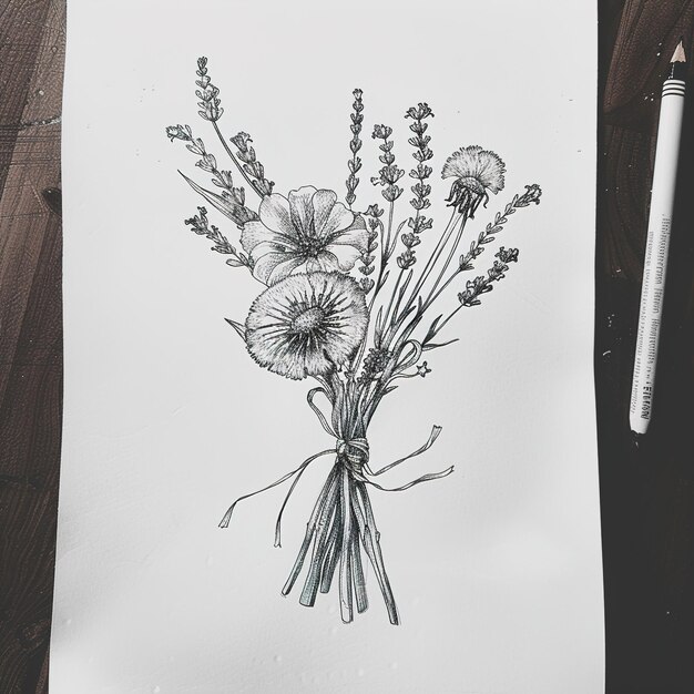 un dibujo de flores que está dibujado en un papel