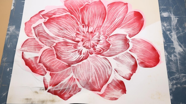 Dibujo de flores rosadas en papel con estencil en capas