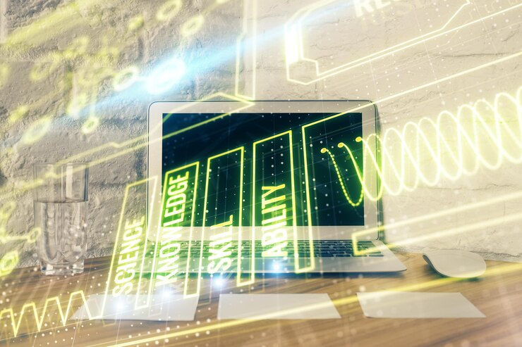 Foto dibujo de fondo de la computadora de escritorio y tema educativo concepto de estudio de doble exposición