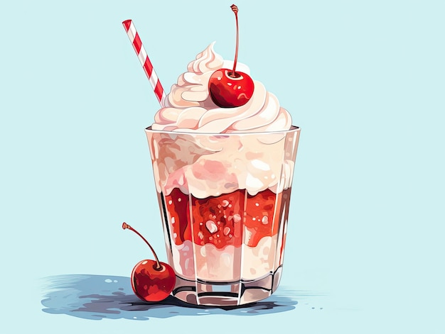 un dibujo de una fresa y una bebida de fresa con una paja en el medio