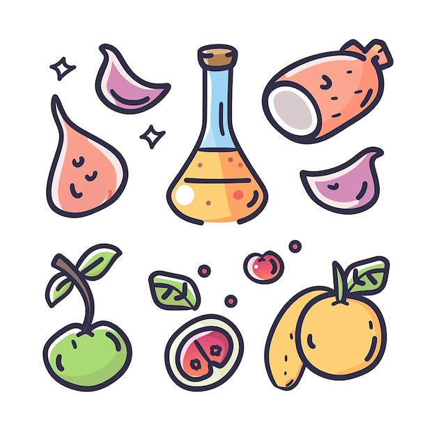 un dibujo de frutas y una botella de jugo