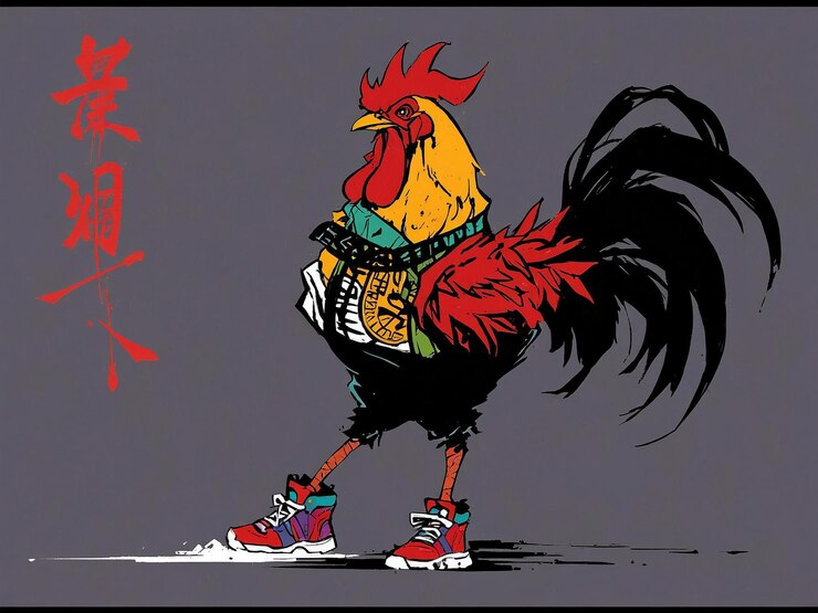 un dibujo de un gallo con una camisa caligrafía china