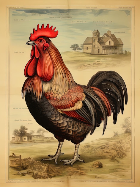 un dibujo de un gallo con un gallo rojo en él