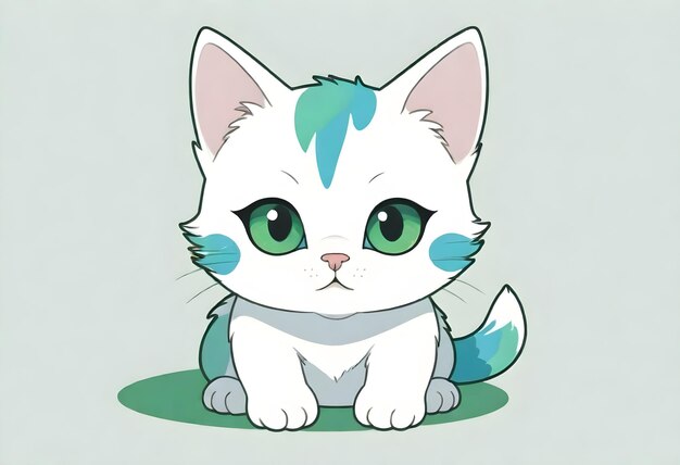 un dibujo de un gatito blanco con ojos verdes y una cola azul y verde