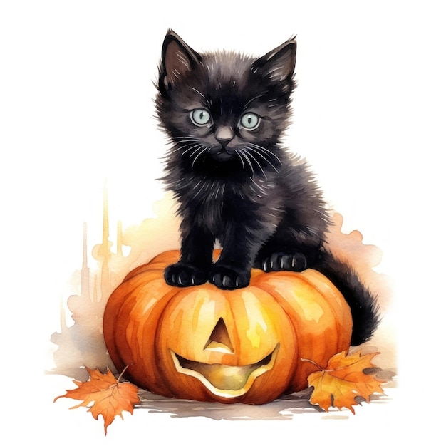 un dibujo de un gatito negro sentado encima de una calabaza.