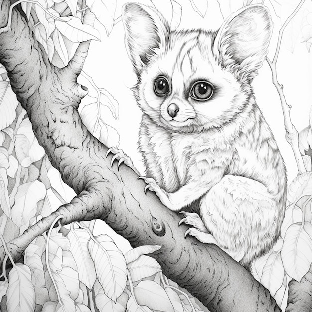 dibujo de un gatito pequeño sentado en una rama de un árbol generativo ai