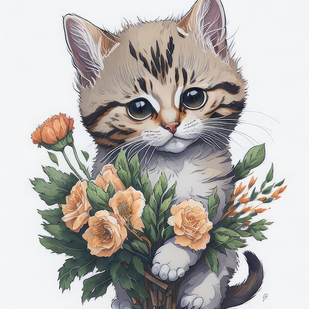 Un dibujo de un gatito con un ramo de flores.