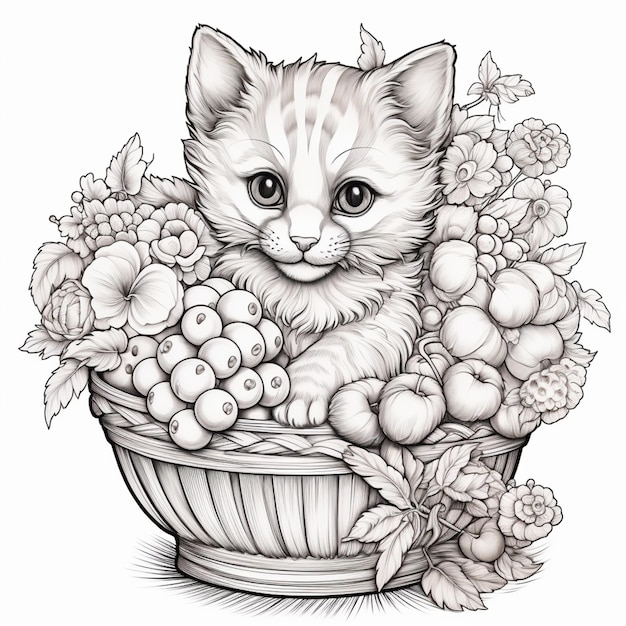 dibujo de un gatito sentado en una canasta de frutas generativo ai