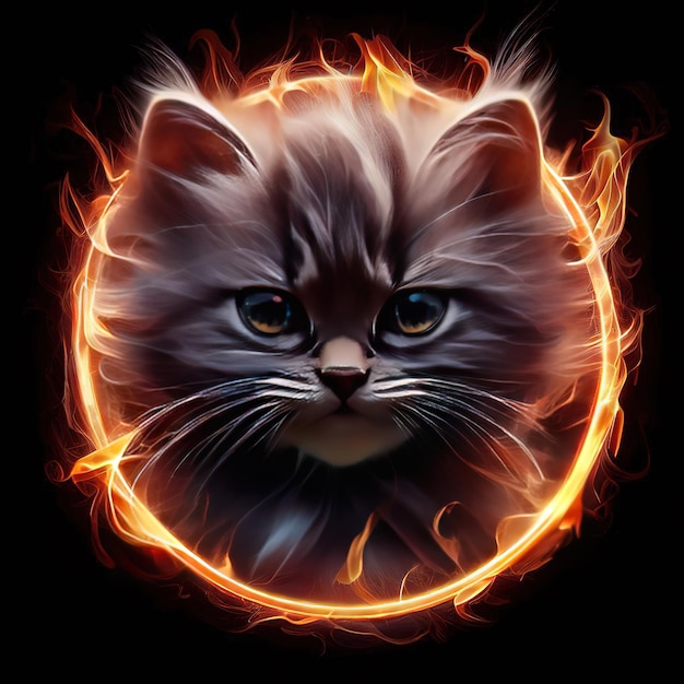 Un dibujo de un gato en un anillo de fuego.