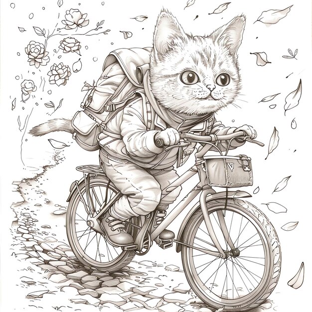 Foto un dibujo de un gato en una bicicleta con una mochila en ella