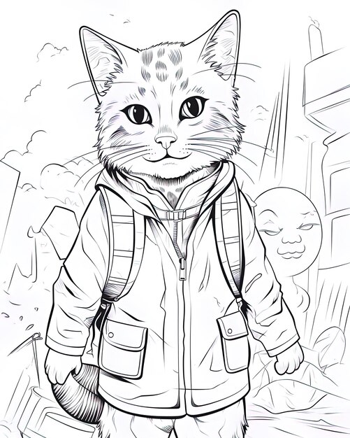 un dibujo de un gato con una chaqueta que dice gato