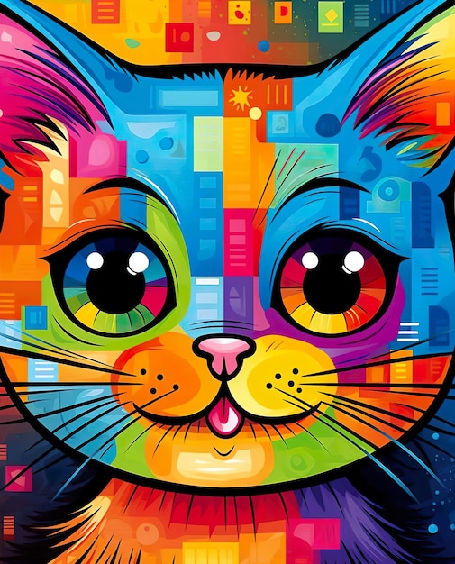 Foto dibujo de gato con colores en el fondo.
