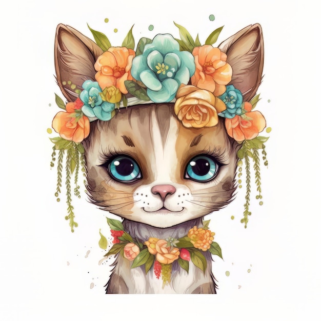 Un dibujo de un gato con una corona de flores.