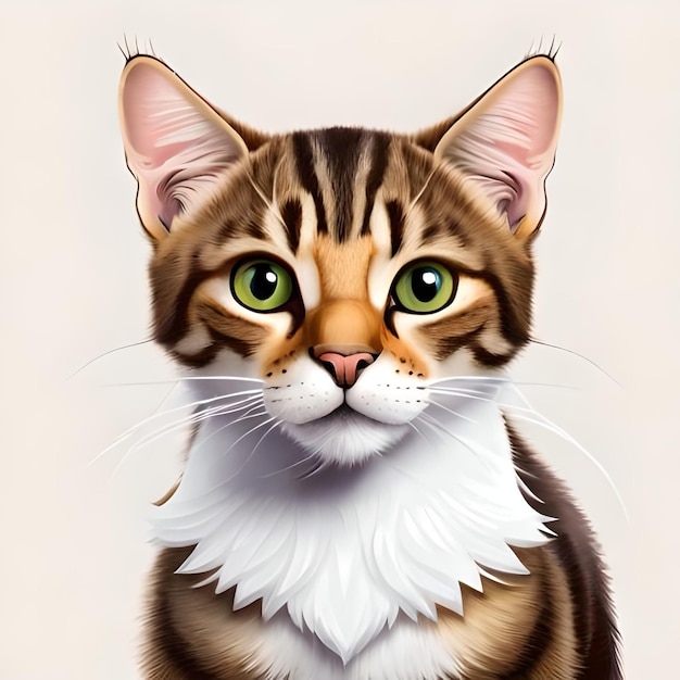 Un dibujo de un gato con cuello blanco y ojos verdes.